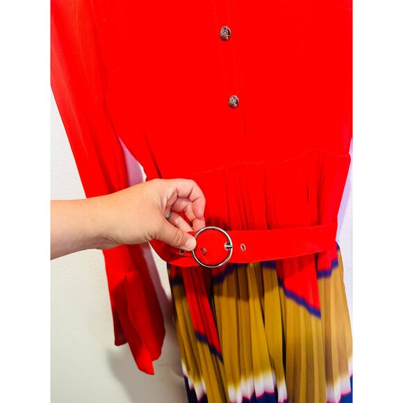 THEBE MAGUGU Red Gradient Asymmetric Pleated Cocktail Collared Chiffon Dress M - Picture 14 of 16